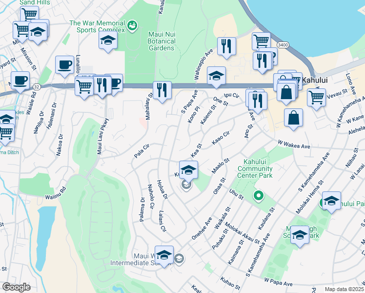 map of restaurants, bars, coffee shops, grocery stores, and more near 206 Kono Place in Kahului