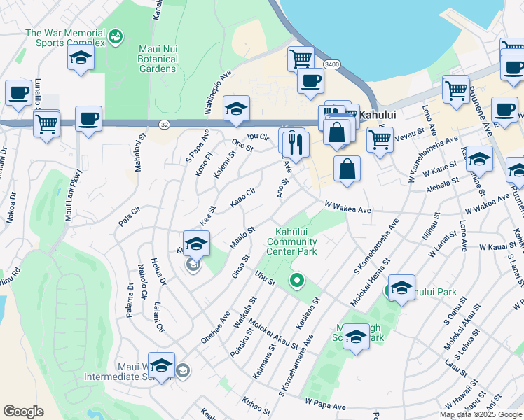 map of restaurants, bars, coffee shops, grocery stores, and more near 449 Aleo Place in Kahului