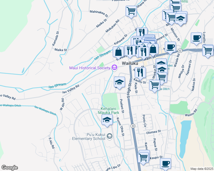 map of restaurants, bars, coffee shops, grocery stores, and more near 132 Eulu Street in Wailuku