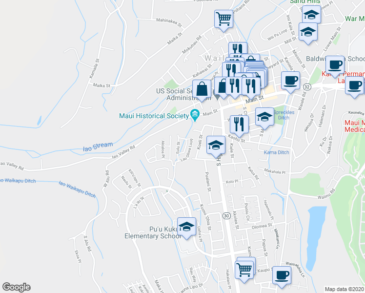 map of restaurants, bars, coffee shops, grocery stores, and more near 101 Eulu Street in Wailuku
