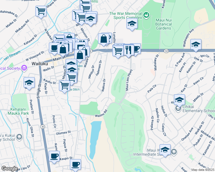 map of restaurants, bars, coffee shops, grocery stores, and more near 132 Keoneloa Street in Wailuku
