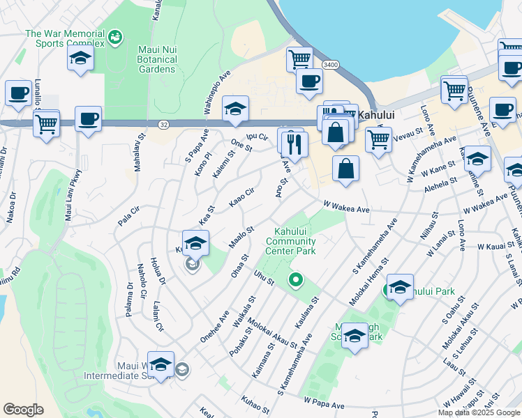 map of restaurants, bars, coffee shops, grocery stores, and more near 449 Aleo Place in Kahului
