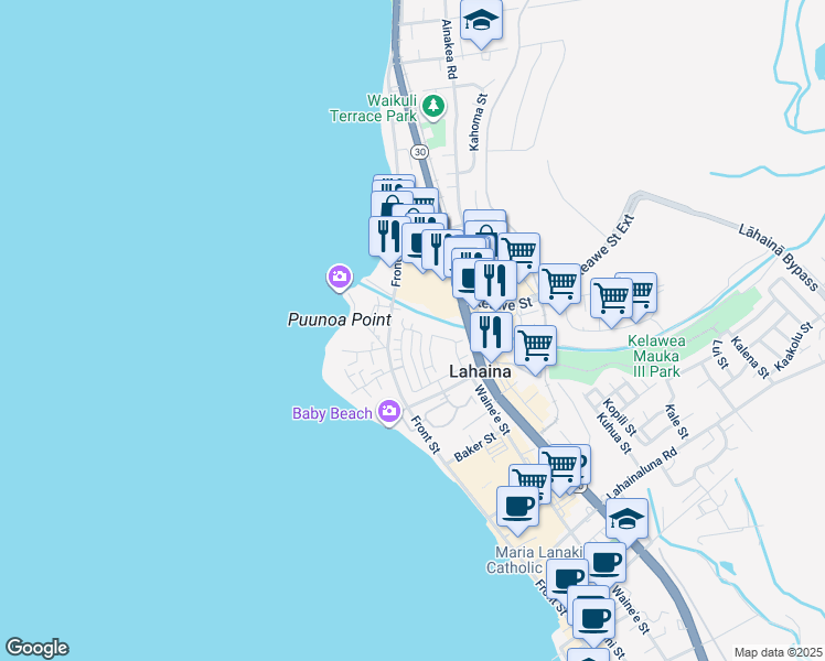 map of restaurants, bars, coffee shops, grocery stores, and more near 328 Kahoma Village Loop in Lahaina