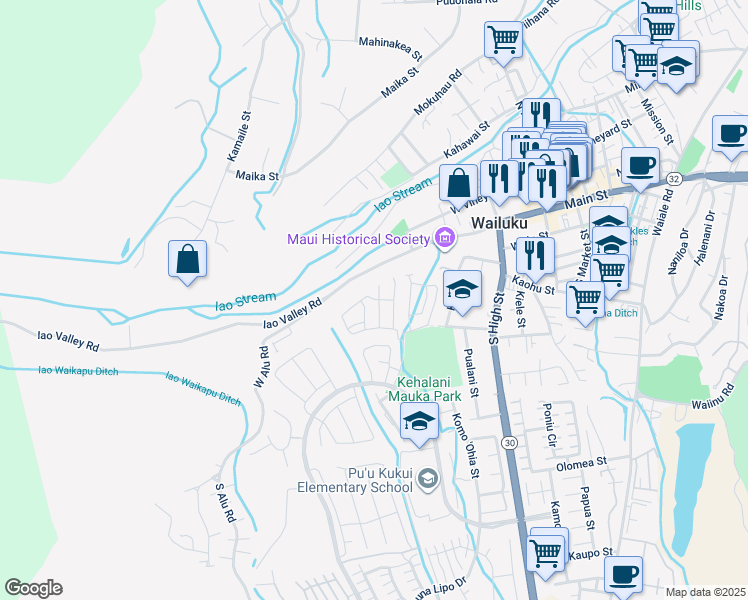 map of restaurants, bars, coffee shops, grocery stores, and more near 150 Hoolaau Street in Wailuku