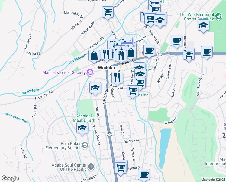 map of restaurants, bars, coffee shops, grocery stores, and more near 326 Kiele Street in Wailuku