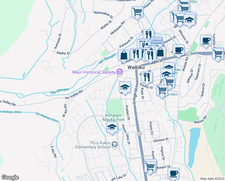 map of restaurants, bars, coffee shops, grocery stores, and more near 322 Lau Manamana Street in Wailuku