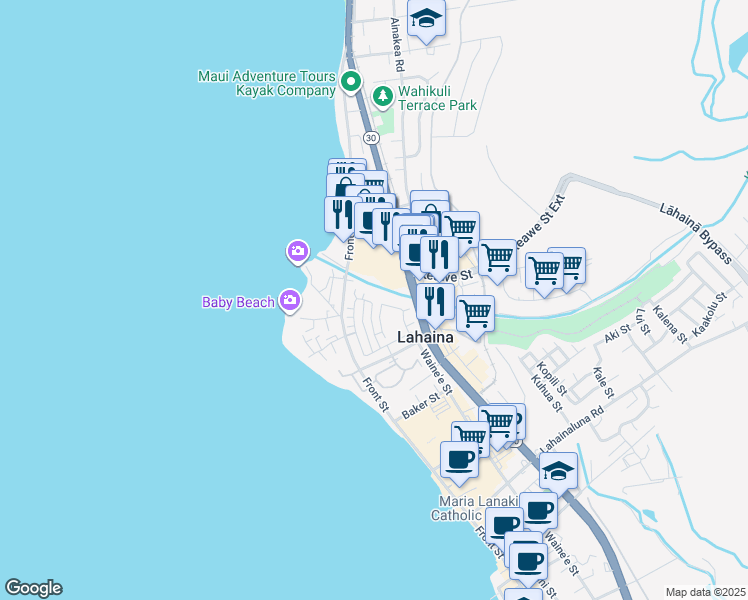 map of restaurants, bars, coffee shops, grocery stores, and more near 316 Kahoma Village Loop in Lahaina