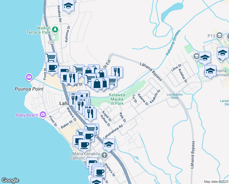 map of restaurants, bars, coffee shops, grocery stores, and more near 219 Kupuohi Street in Lahaina