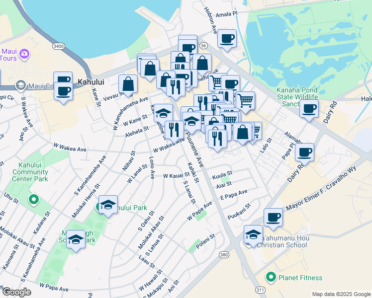 map of restaurants, bars, coffee shops, grocery stores, and more near 281 Kahiki Street in Kahului