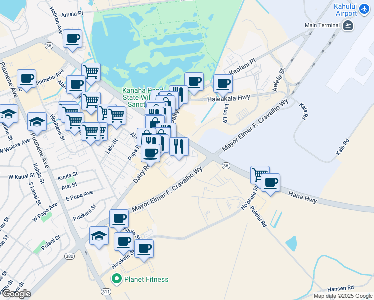 map of restaurants, bars, coffee shops, grocery stores, and more near 427 Ala Makani Street in Kahului