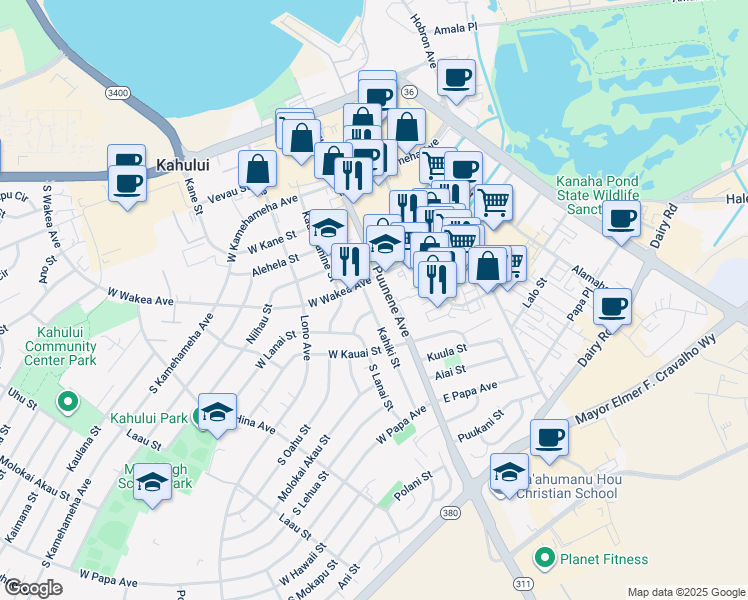 map of restaurants, bars, coffee shops, grocery stores, and more near 281 Kahiki Street in Kahului