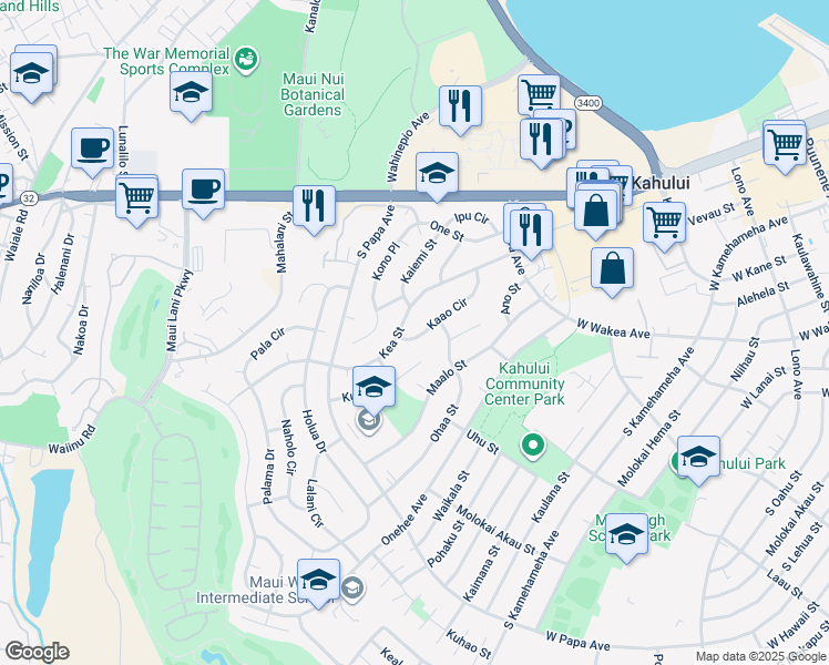 map of restaurants, bars, coffee shops, grocery stores, and more near 524 Kaao Circle in Kahului