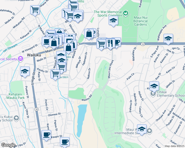 map of restaurants, bars, coffee shops, grocery stores, and more near 132 Keoneloa Street in Wailuku