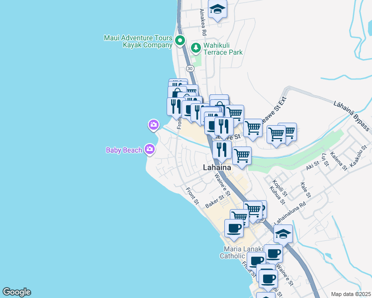 map of restaurants, bars, coffee shops, grocery stores, and more near 340 Kahoma Village Loop in Lahaina
