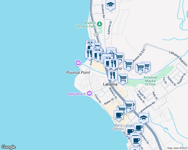 map of restaurants, bars, coffee shops, grocery stores, and more near 286 Kahoma Village Loop in Lahaina