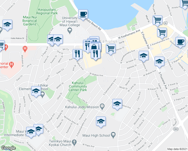 map of restaurants, bars, coffee shops, grocery stores, and more near 299 West Wakea Avenue in Kahului