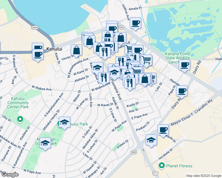 map of restaurants, bars, coffee shops, grocery stores, and more near 281 Kahiki Street in Kahului