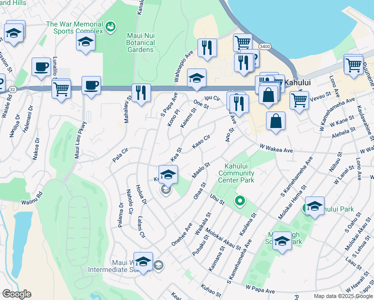 map of restaurants, bars, coffee shops, grocery stores, and more near 524 Kaao Circle in Kahului
