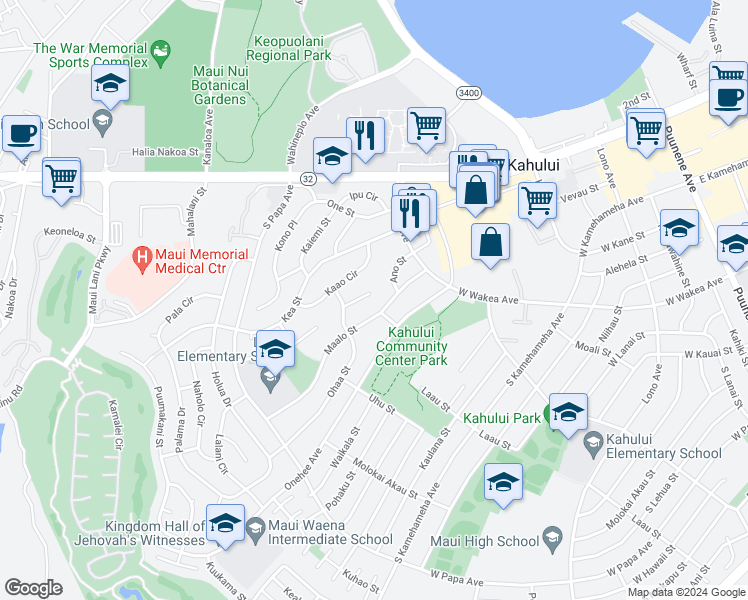 map of restaurants, bars, coffee shops, grocery stores, and more near 443 Aleo Place in Kahului