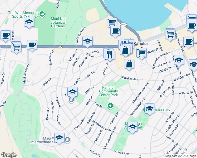 map of restaurants, bars, coffee shops, grocery stores, and more near 443 Aleo Place in Kahului
