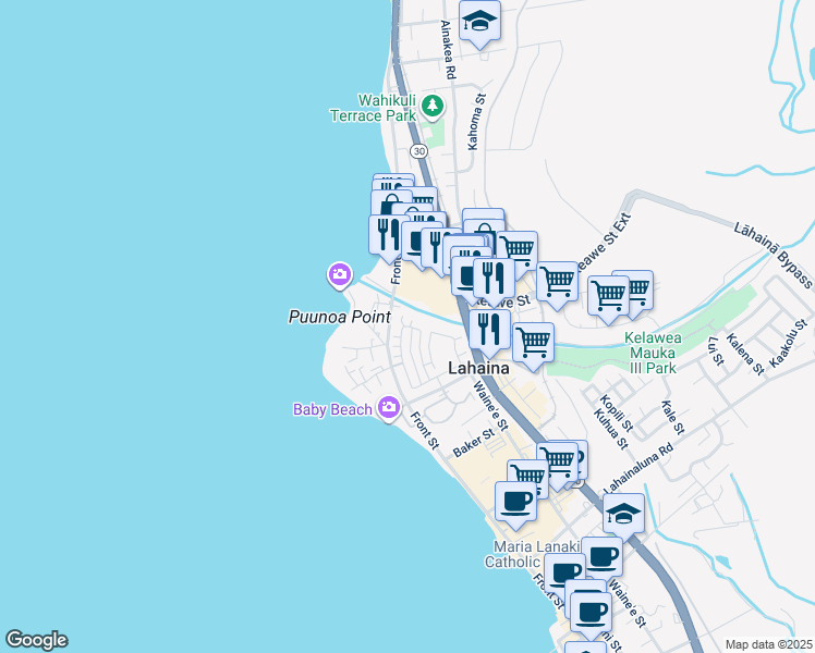map of restaurants, bars, coffee shops, grocery stores, and more near 385 Kahoma Village Loop in Lahaina