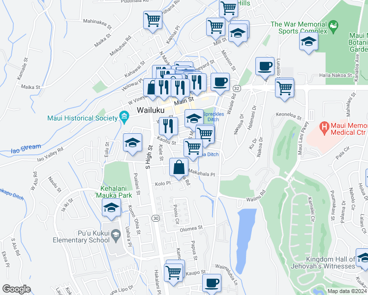 map of restaurants, bars, coffee shops, grocery stores, and more near 2108 Kaohu Street in Wailuku