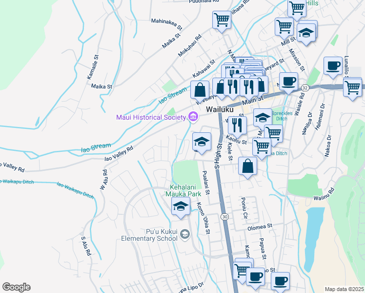 map of restaurants, bars, coffee shops, grocery stores, and more near 132 Eulu Street in Wailuku