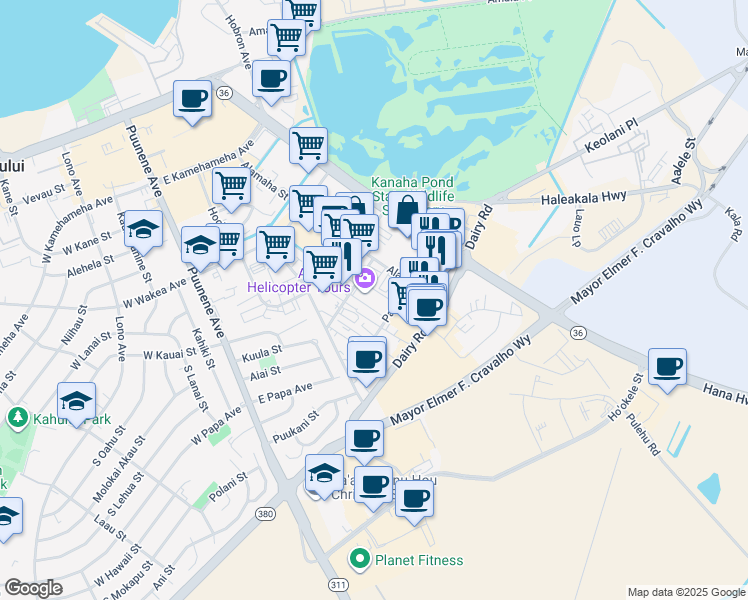 map of restaurants, bars, coffee shops, grocery stores, and more near 269 Papa Place in Kahului
