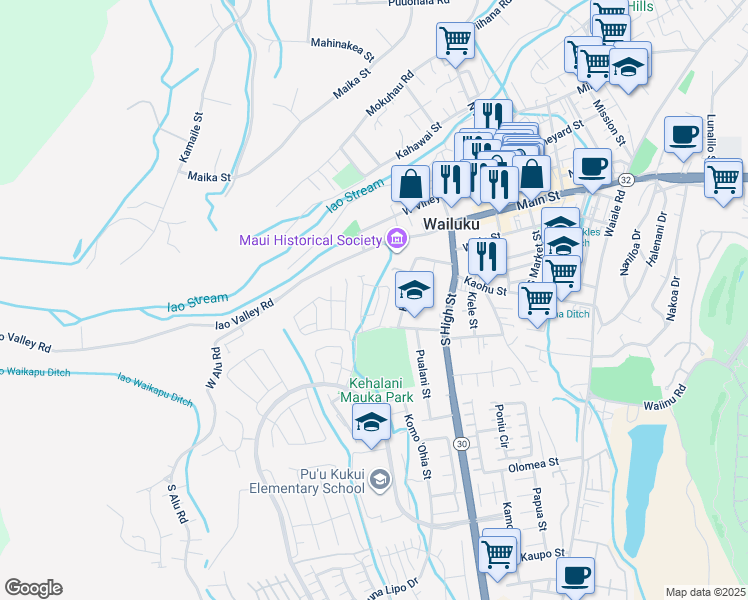 map of restaurants, bars, coffee shops, grocery stores, and more near 252 Lau Oliwa Loop in Wailuku
