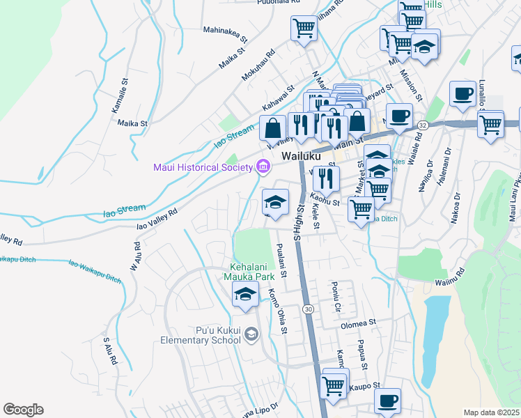 map of restaurants, bars, coffee shops, grocery stores, and more near 231 Lau Oliwa Loop in Wailuku