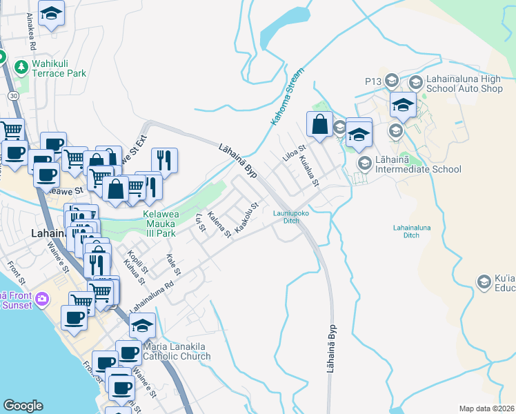 map of restaurants, bars, coffee shops, grocery stores, and more near 648 Kaakolu Street in Lahaina