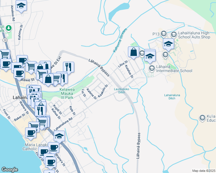 map of restaurants, bars, coffee shops, grocery stores, and more near 648 Kaakolu Street in Lahaina
