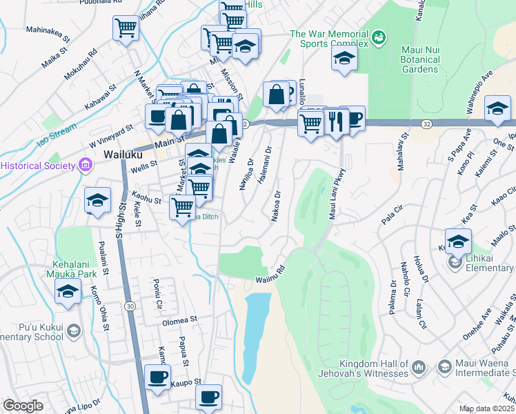 map of restaurants, bars, coffee shops, grocery stores, and more near 179 Ku Drive in Wailuku
