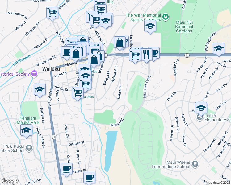 map of restaurants, bars, coffee shops, grocery stores, and more near 168 Ku Drive in Wailuku