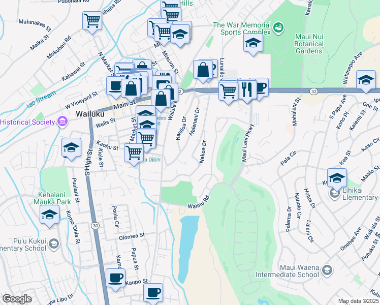 map of restaurants, bars, coffee shops, grocery stores, and more near 179 Ku Drive in Wailuku