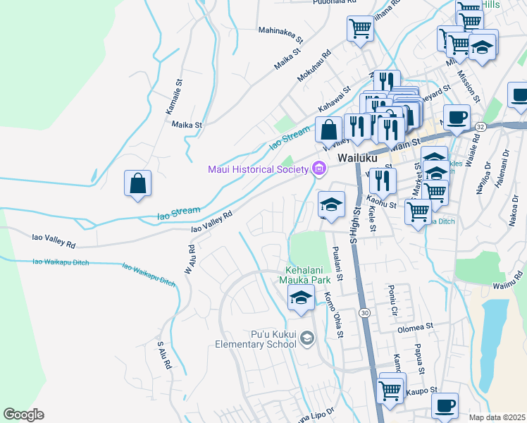 map of restaurants, bars, coffee shops, grocery stores, and more near 143 Hoolaau Street in Wailuku