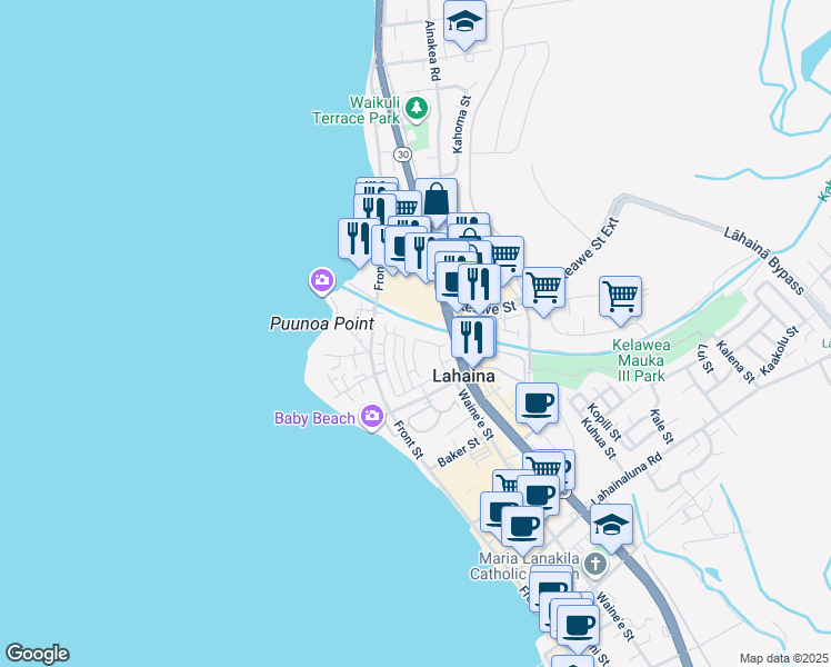 map of restaurants, bars, coffee shops, grocery stores, and more near 286 Kahoma Village Loop in Lahaina