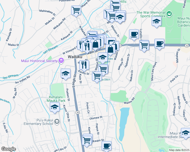 map of restaurants, bars, coffee shops, grocery stores, and more near 1991 Kaohu Street in Wailuku