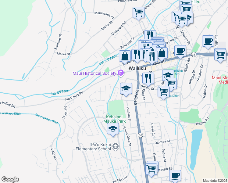 map of restaurants, bars, coffee shops, grocery stores, and more near 315 Lau Manamana Street in Wailuku