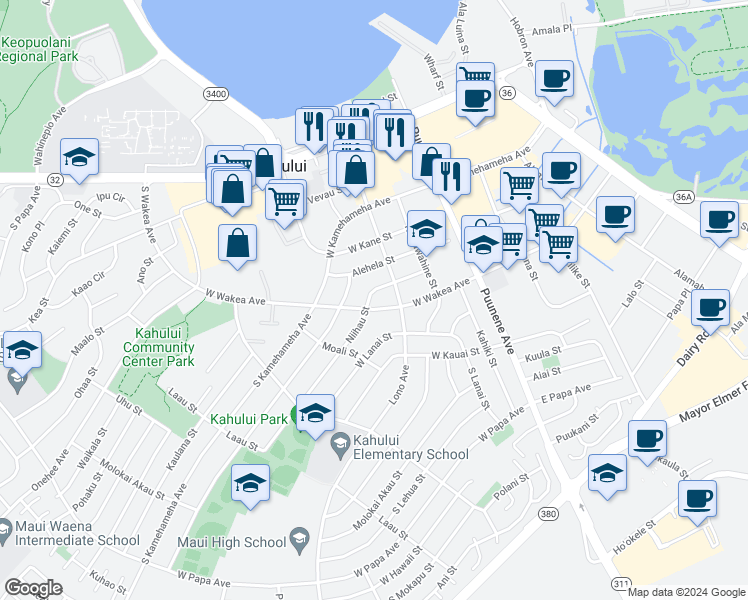 map of restaurants, bars, coffee shops, grocery stores, and more near 159 Niihau Street in Kahului