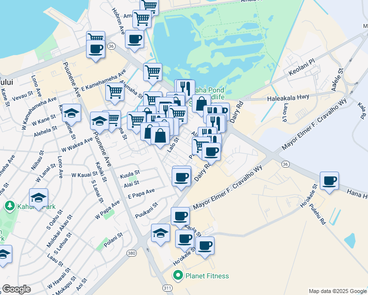 map of restaurants, bars, coffee shops, grocery stores, and more near 270 Lalo Street in Kahului
