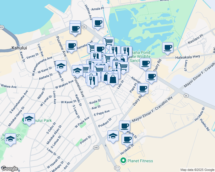 map of restaurants, bars, coffee shops, grocery stores, and more near 350 Hukilike Street in Kahului