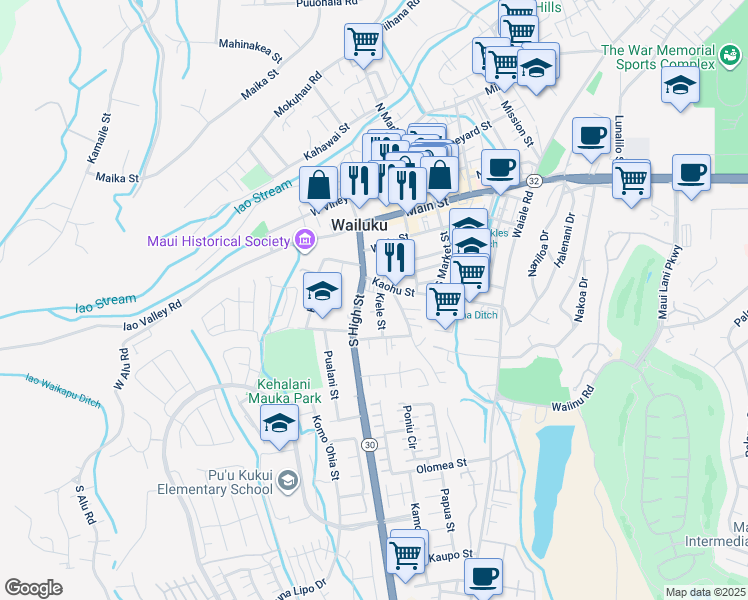 map of restaurants, bars, coffee shops, grocery stores, and more near 325 Kiele Street in Wailuku