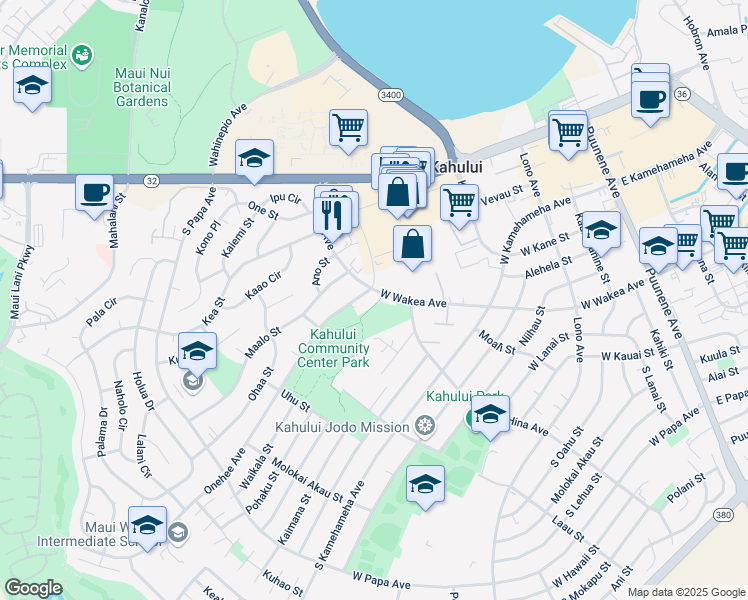map of restaurants, bars, coffee shops, grocery stores, and more near 190 South Wakea Avenue in Kahului