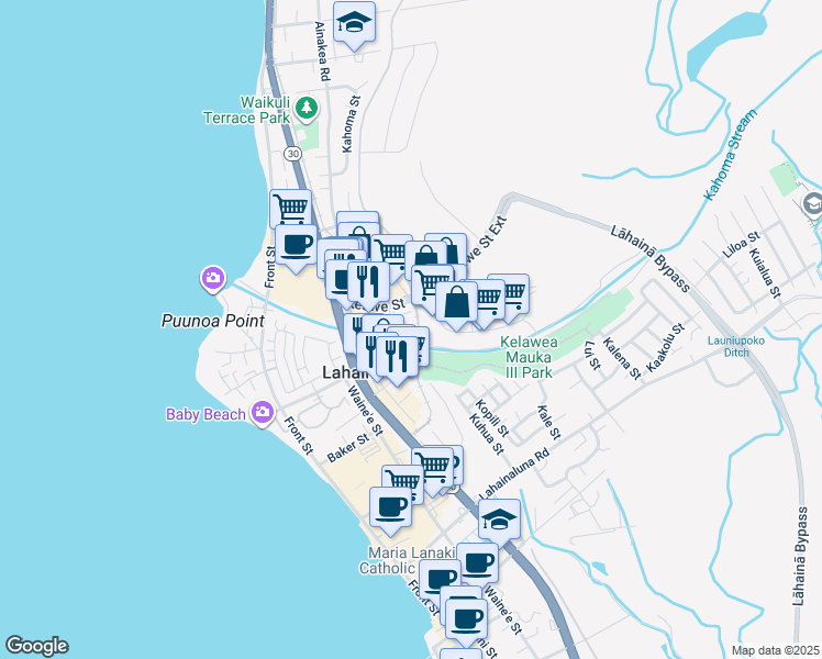 map of restaurants, bars, coffee shops, grocery stores, and more near 45 East Kuu Aku Lane in Lahaina