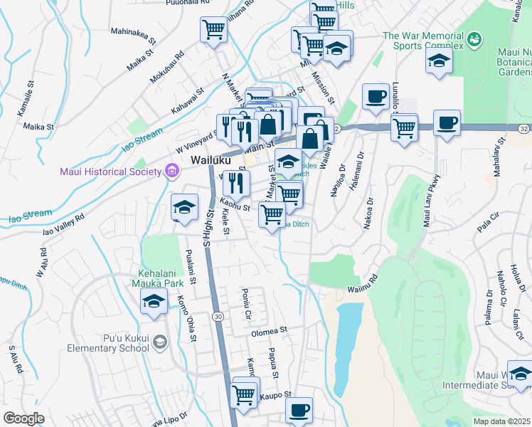 map of restaurants, bars, coffee shops, grocery stores, and more near 1991 Kaohu Street in Wailuku