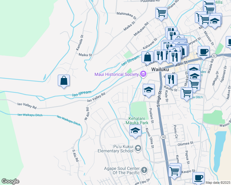 map of restaurants, bars, coffee shops, grocery stores, and more near 127 Hoolaau Street in Wailuku