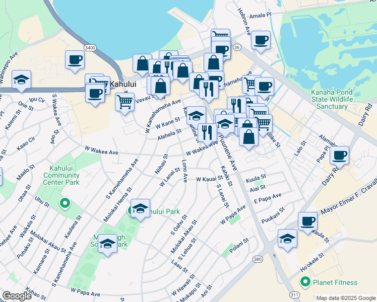 map of restaurants, bars, coffee shops, grocery stores, and more near 102 West Wakea Avenue in Kahului