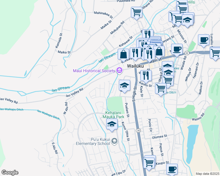 map of restaurants, bars, coffee shops, grocery stores, and more near 124 Eulu Street in Wailuku