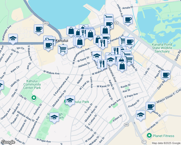 map of restaurants, bars, coffee shops, grocery stores, and more near 126 West Wakea Avenue in Kahului